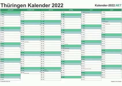Vorschau Halbjahreskalender 2022 für EXCEL Thüringen