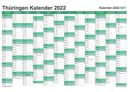 Vorschau Kalender 2022 für EXCEL mit Feiertagen Thüringen