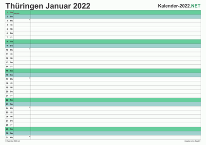 Vorschau Monatskalender 2022 für EXCEL Thüringen