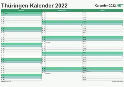 Vorschau Quartalskalender 2022 für EXCEL Thüringen